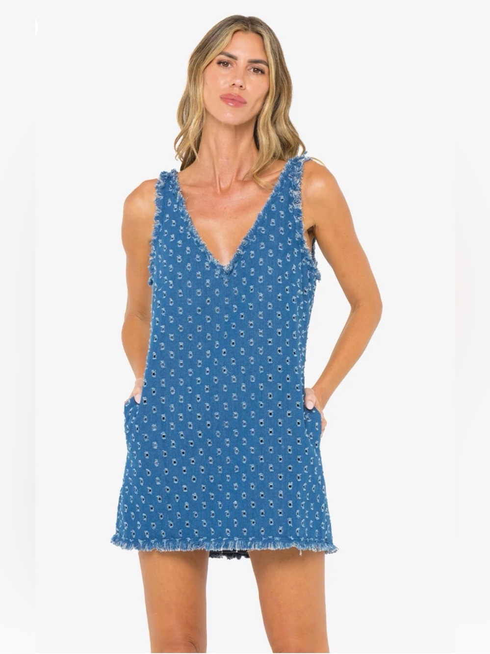 NEW JBQ V Neck Emily Dress, Pockets Sleeveless Mini Denim Blue Size: Medium